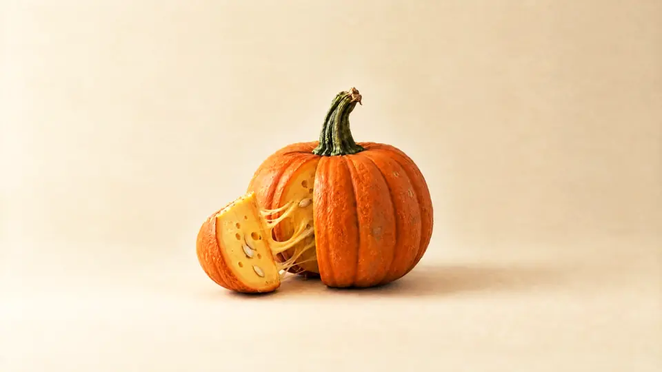 A ribbed orange pumpkin with a wedge slid out, showing golden cheese with holes and pumpkin seeds inside, strands of cheese stretching back to the pumpkin.