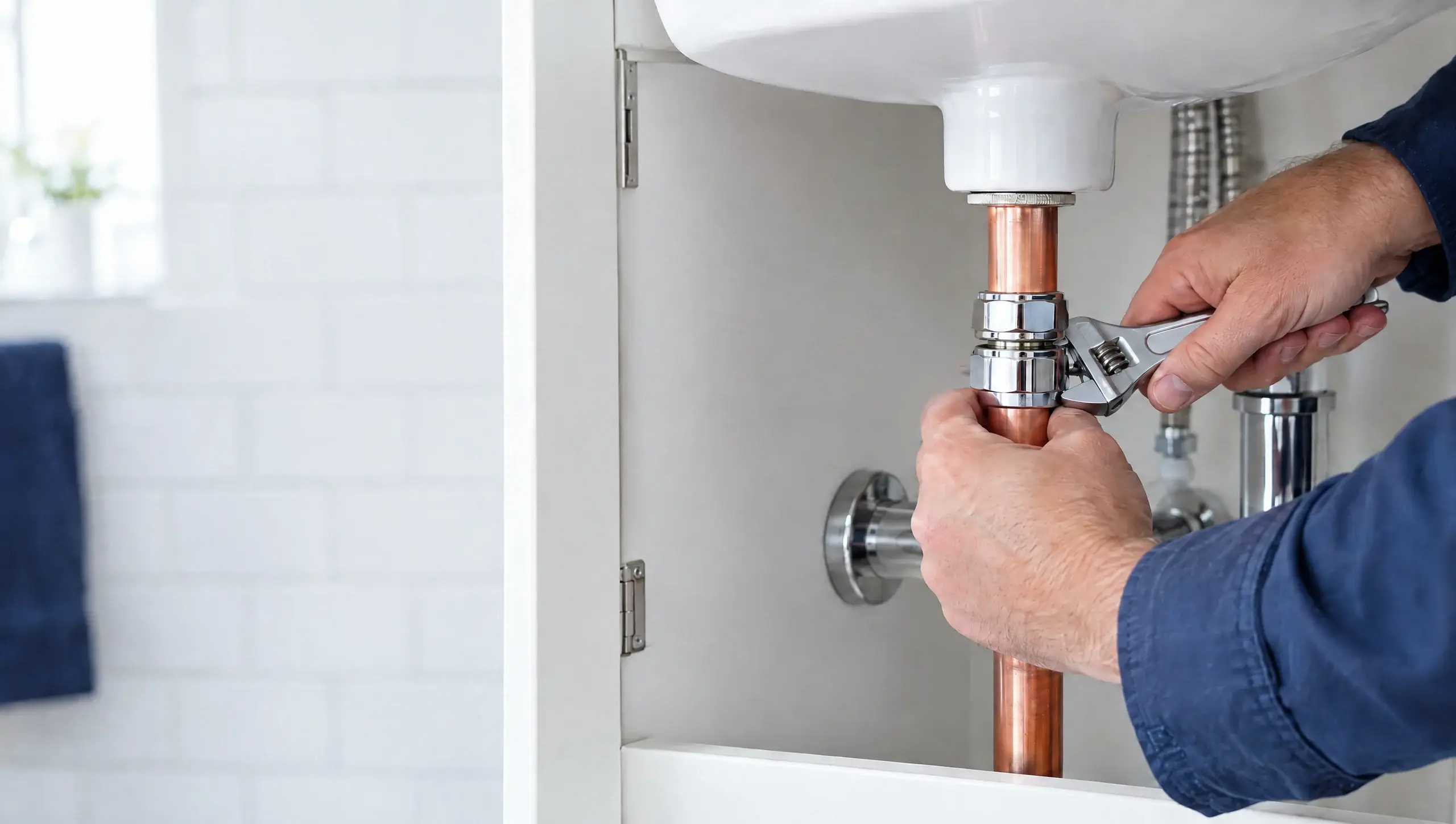 A plumber's hands tightening a compression fitting on a copper pipe under a bathroom sink