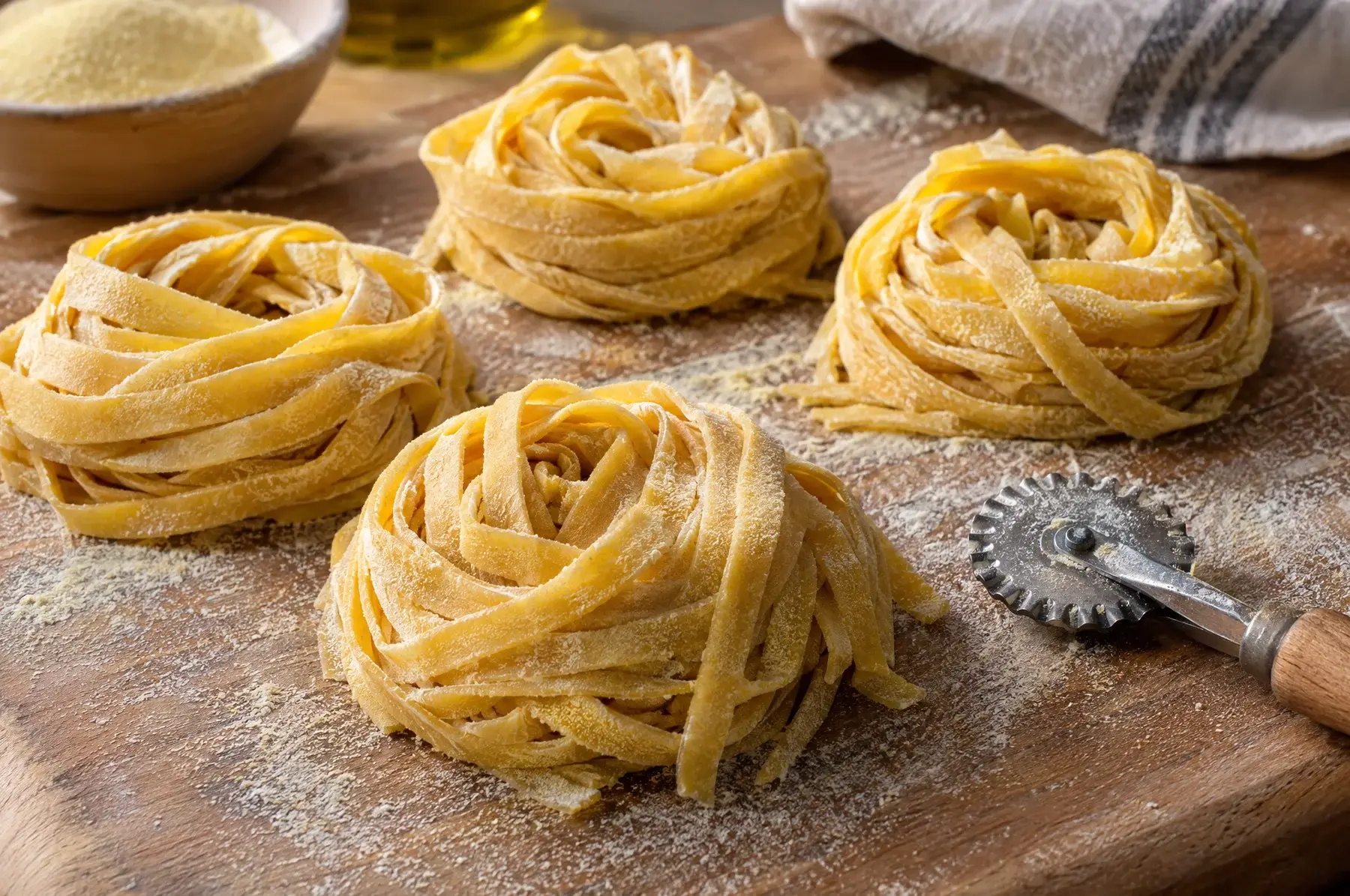 Nests of fresh tagliatelle dusted with semolina on a floured board