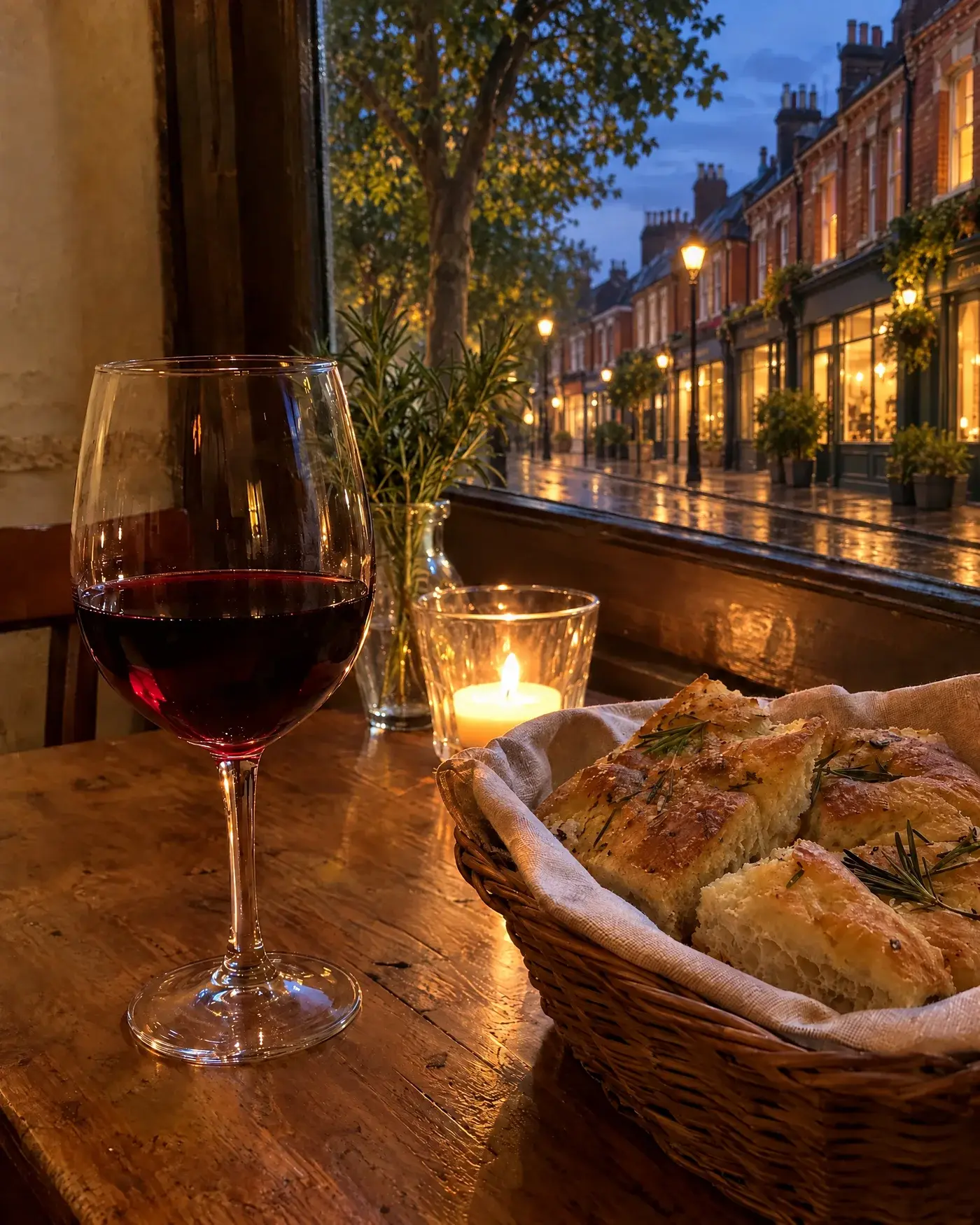 A glass of red wine and warm focaccia on a table by the window at dusk