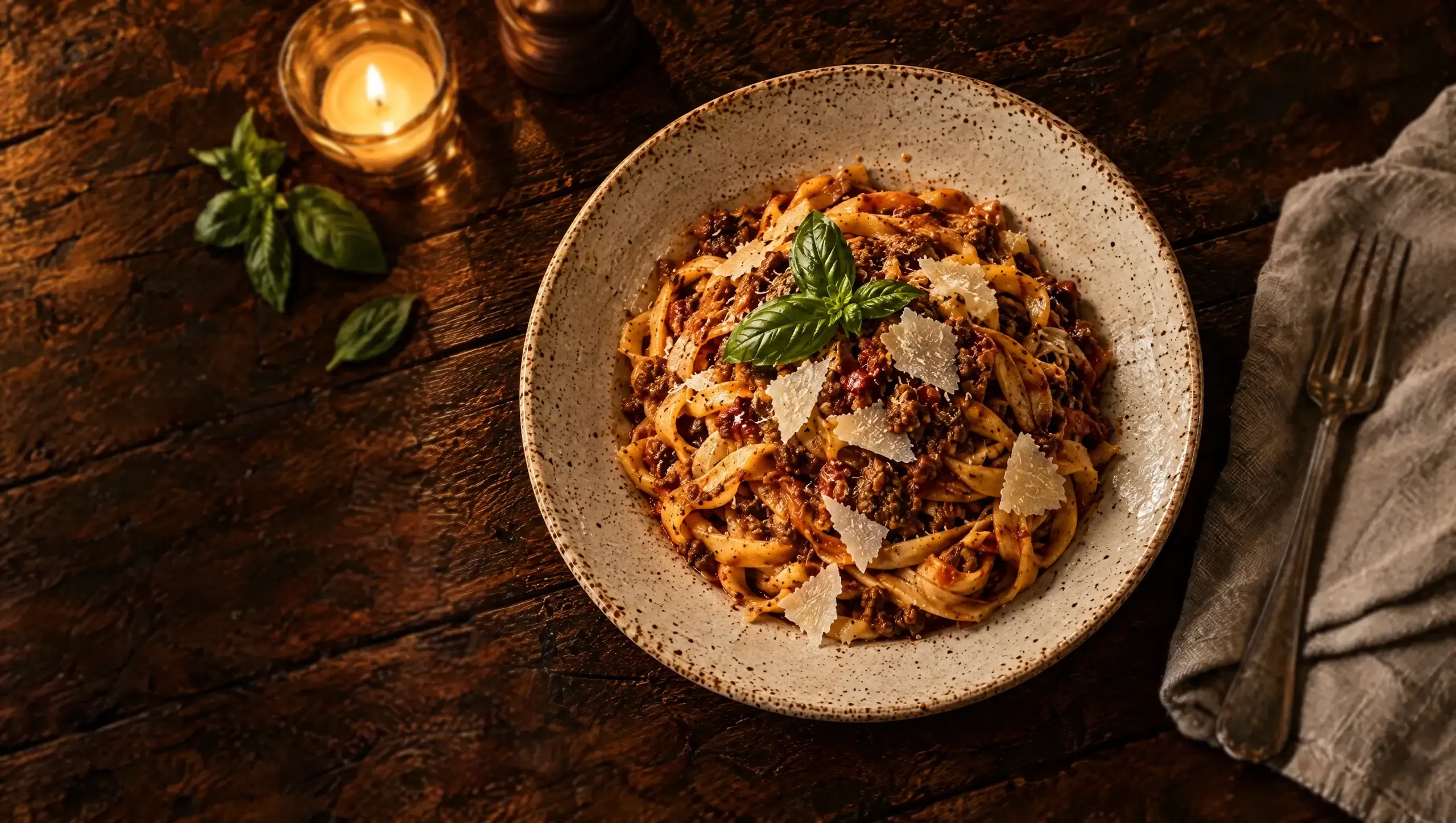Overhead view of fresh tagliatelle al ragù with parmesan and basil on a rustic wooden table