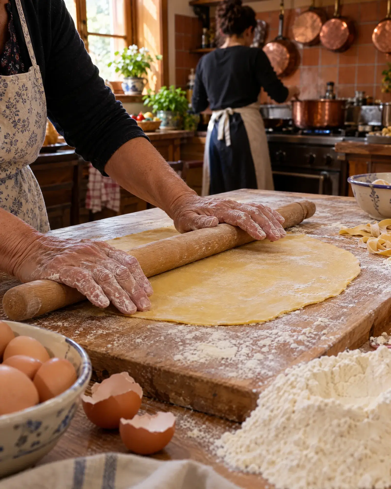 Flour-dusted hands rolling fresh pasta dough on a wooden board in the trattoria kitchen